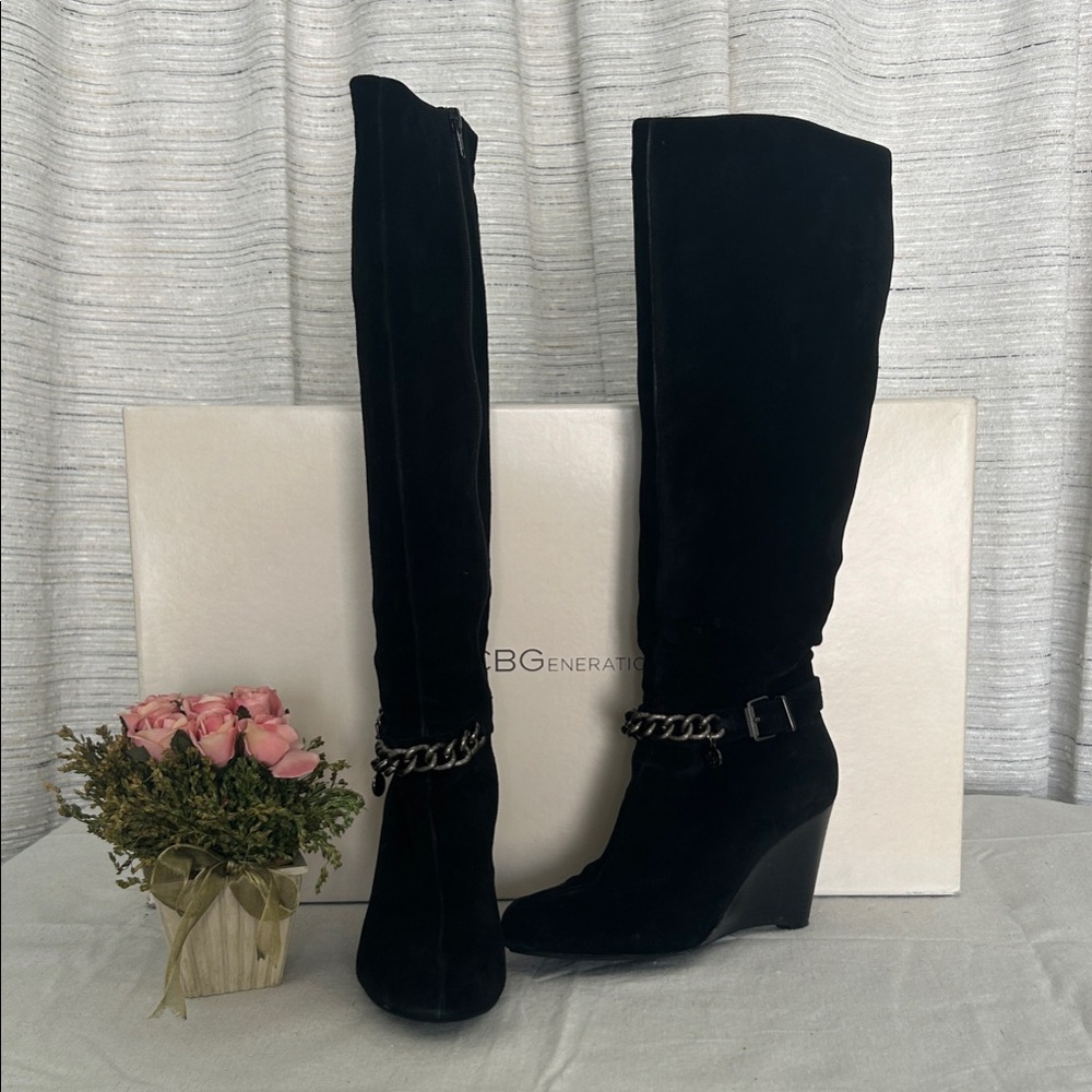 BCBGeneration Black suede Over the Knee Boots with Chain Detail